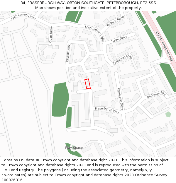 34, FRASERBURGH WAY, ORTON SOUTHGATE, PETERBOROUGH, PE2 6SS: Location map and indicative extent of plot