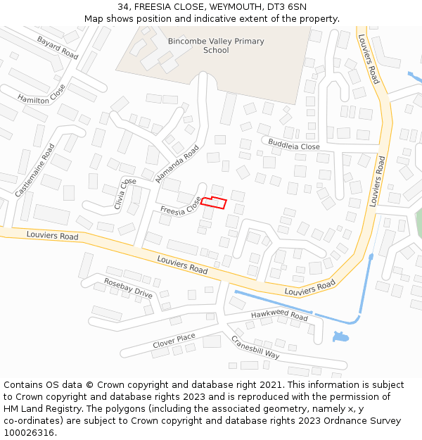 34, FREESIA CLOSE, WEYMOUTH, DT3 6SN: Location map and indicative extent of plot