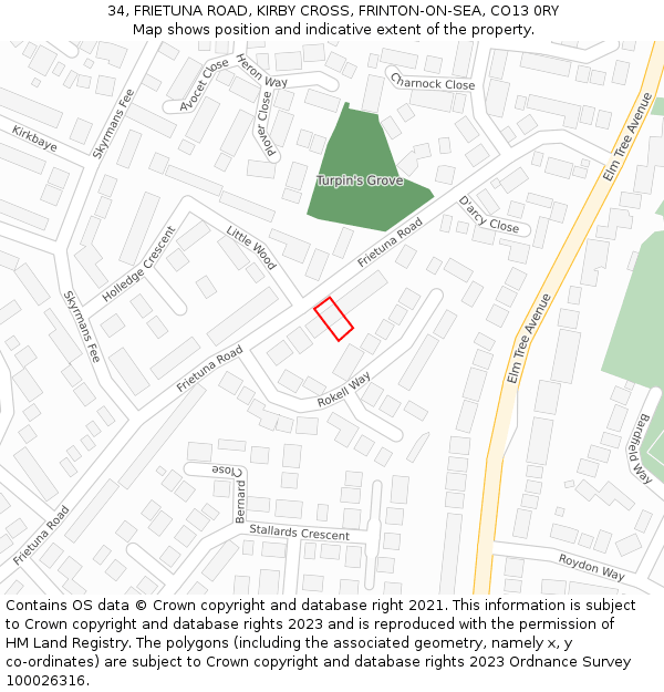 34, FRIETUNA ROAD, KIRBY CROSS, FRINTON-ON-SEA, CO13 0RY: Location map and indicative extent of plot