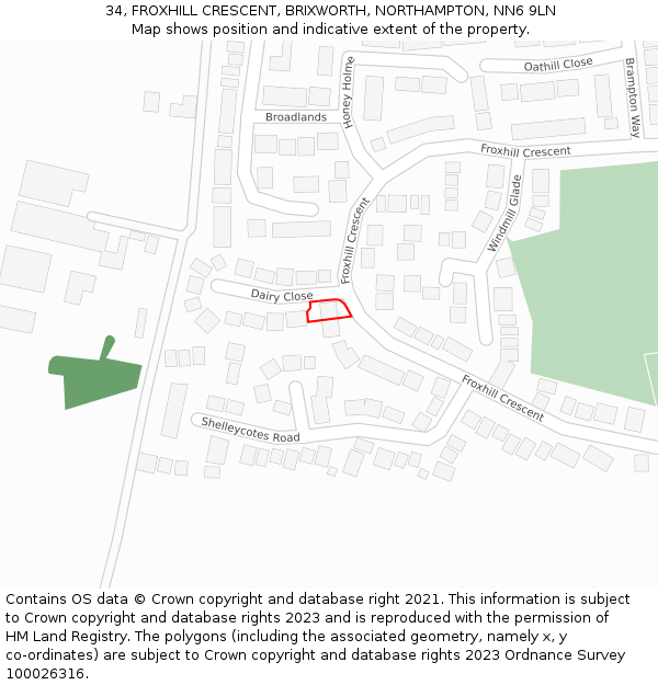 34, FROXHILL CRESCENT, BRIXWORTH, NORTHAMPTON, NN6 9LN: Location map and indicative extent of plot