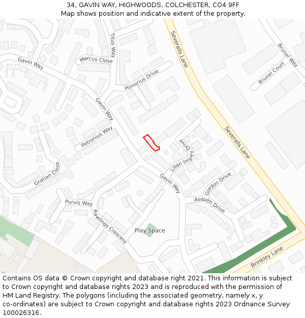 34, GAVIN WAY, HIGHWOODS, COLCHESTER, CO4 9FF: Location map and indicative extent of plot