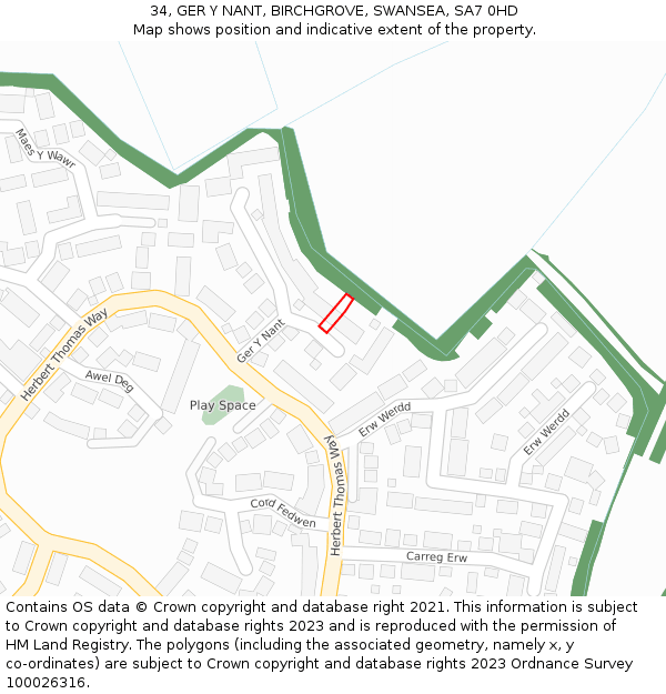 34, GER Y NANT, BIRCHGROVE, SWANSEA, SA7 0HD: Location map and indicative extent of plot