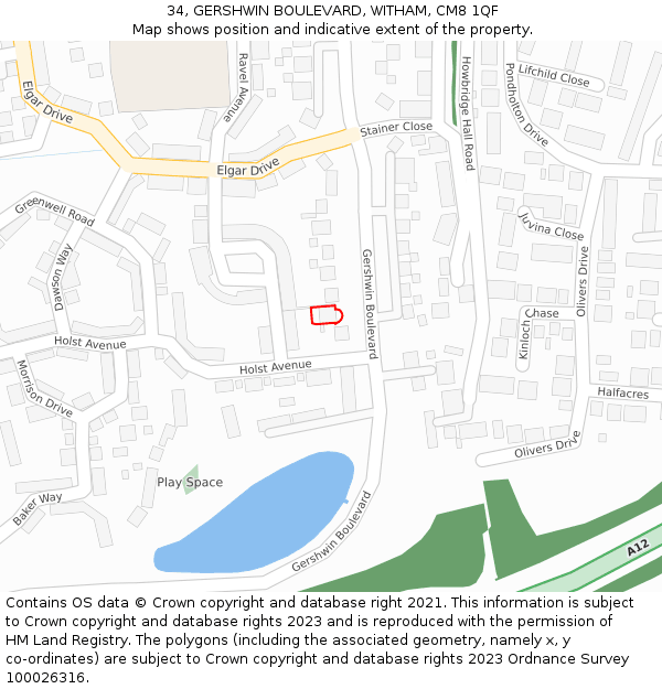 34, GERSHWIN BOULEVARD, WITHAM, CM8 1QF: Location map and indicative extent of plot