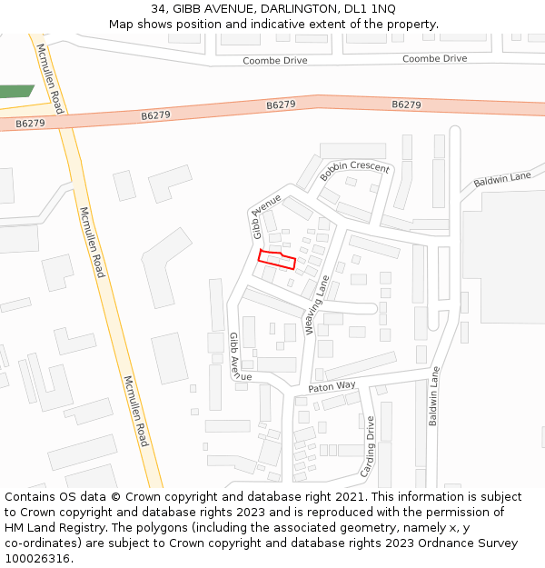 34, GIBB AVENUE, DARLINGTON, DL1 1NQ: Location map and indicative extent of plot