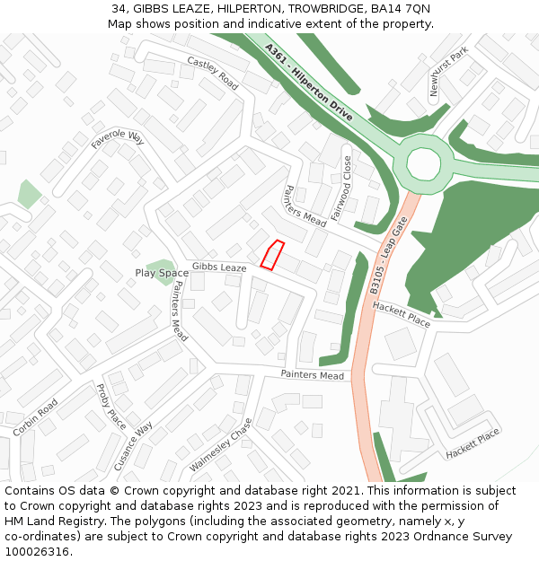 34, GIBBS LEAZE, HILPERTON, TROWBRIDGE, BA14 7QN: Location map and indicative extent of plot