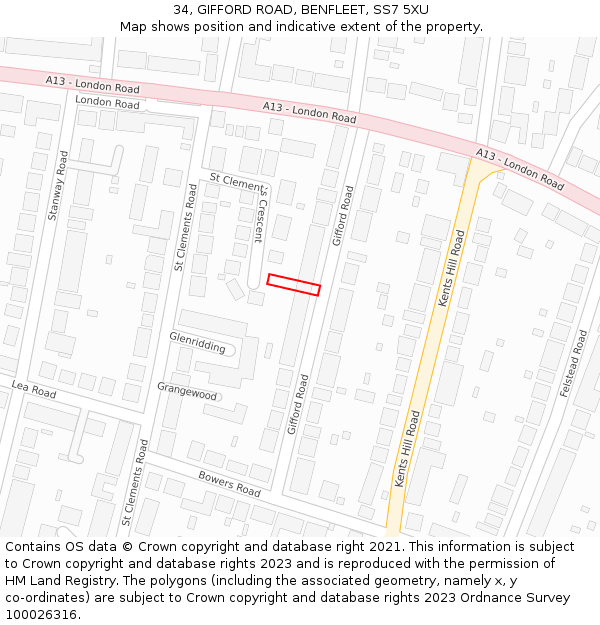 34, GIFFORD ROAD, BENFLEET, SS7 5XU: Location map and indicative extent of plot