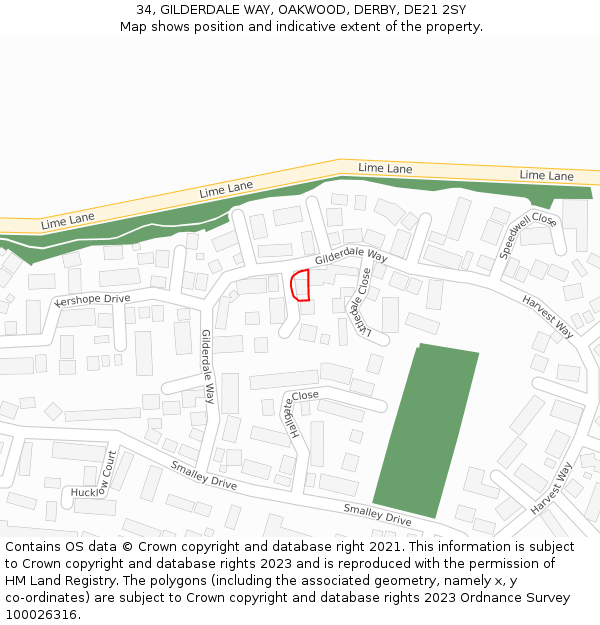 34, GILDERDALE WAY, OAKWOOD, DERBY, DE21 2SY: Location map and indicative extent of plot