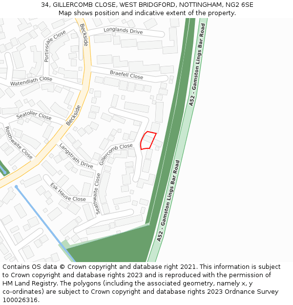 34, GILLERCOMB CLOSE, WEST BRIDGFORD, NOTTINGHAM, NG2 6SE: Location map and indicative extent of plot