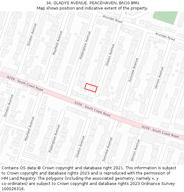 34, GLADYS AVENUE, PEACEHAVEN, BN10 8RN: Location map and indicative extent of plot