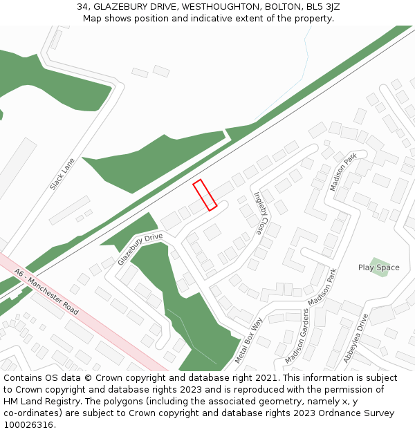 34, GLAZEBURY DRIVE, WESTHOUGHTON, BOLTON, BL5 3JZ: Location map and indicative extent of plot