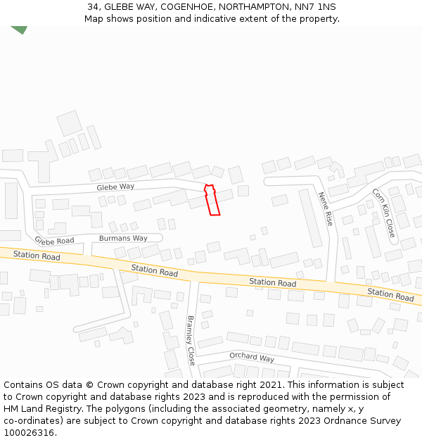 34, GLEBE WAY, COGENHOE, NORTHAMPTON, NN7 1NS: Location map and indicative extent of plot