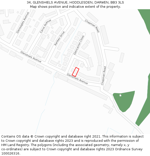 34, GLENSHIELS AVENUE, HODDLESDEN, DARWEN, BB3 3LS: Location map and indicative extent of plot