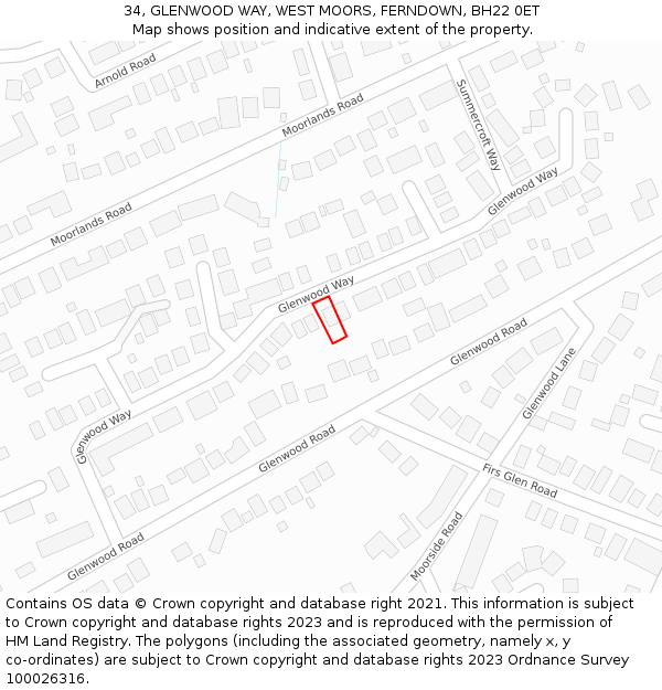 34, GLENWOOD WAY, WEST MOORS, FERNDOWN, BH22 0ET: Location map and indicative extent of plot