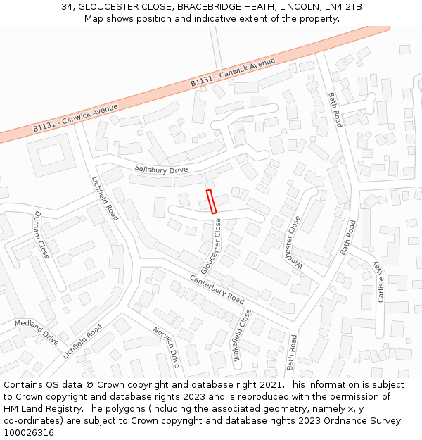 34, GLOUCESTER CLOSE, BRACEBRIDGE HEATH, LINCOLN, LN4 2TB: Location map and indicative extent of plot