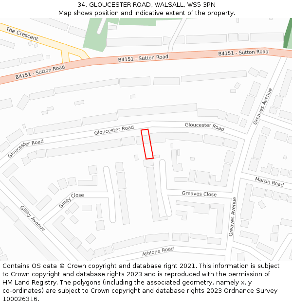 34, GLOUCESTER ROAD, WALSALL, WS5 3PN: Location map and indicative extent of plot