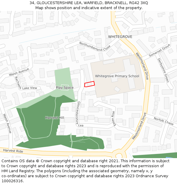 34, GLOUCESTERSHIRE LEA, WARFIELD, BRACKNELL, RG42 3XQ: Location map and indicative extent of plot