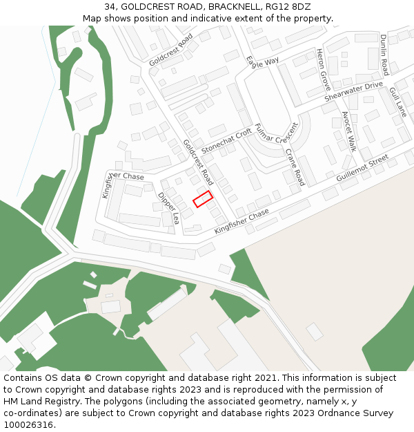 34, GOLDCREST ROAD, BRACKNELL, RG12 8DZ: Location map and indicative extent of plot
