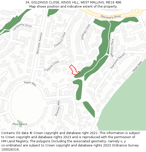 34, GOLDINGS CLOSE, KINGS HILL, WEST MALLING, ME19 4BE: Location map and indicative extent of plot