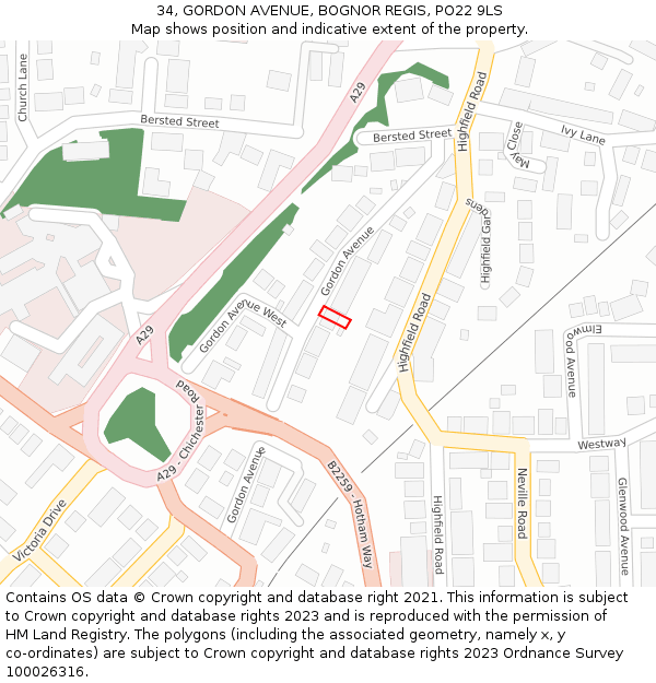 34, GORDON AVENUE, BOGNOR REGIS, PO22 9LS: Location map and indicative extent of plot