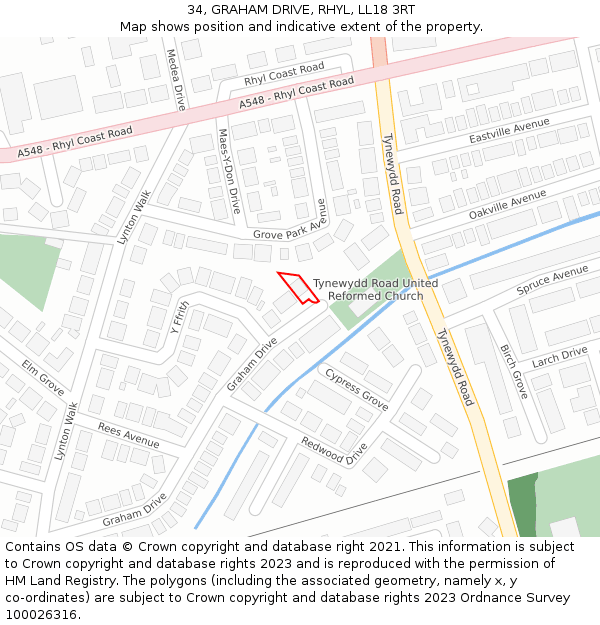 34, GRAHAM DRIVE, RHYL, LL18 3RT: Location map and indicative extent of plot