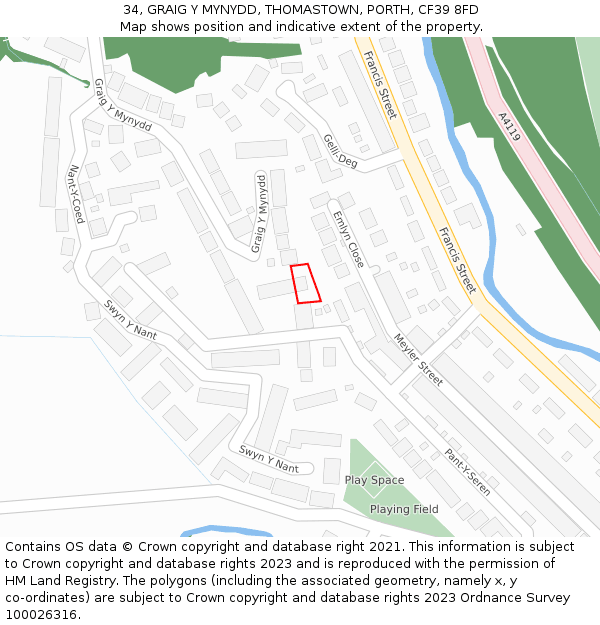 34, GRAIG Y MYNYDD, THOMASTOWN, PORTH, CF39 8FD: Location map and indicative extent of plot
