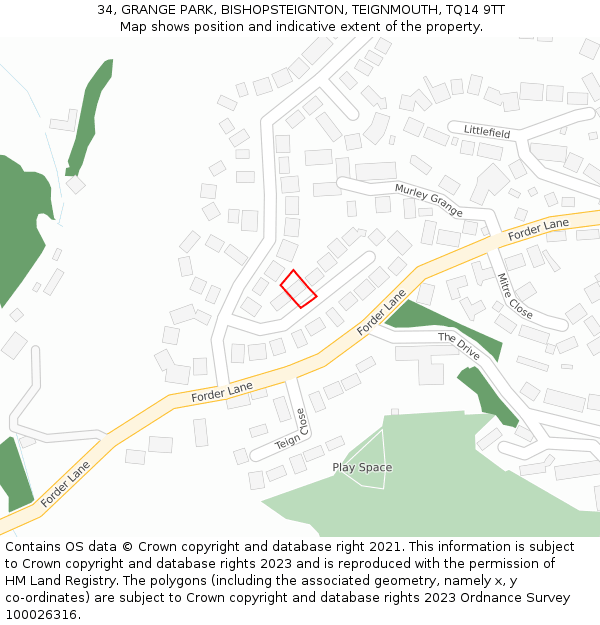 34, GRANGE PARK, BISHOPSTEIGNTON, TEIGNMOUTH, TQ14 9TT: Location map and indicative extent of plot