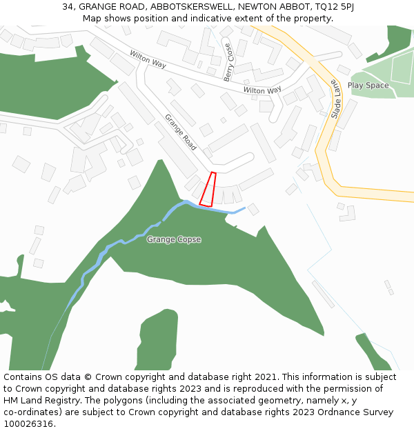 34, GRANGE ROAD, ABBOTSKERSWELL, NEWTON ABBOT, TQ12 5PJ: Location map and indicative extent of plot