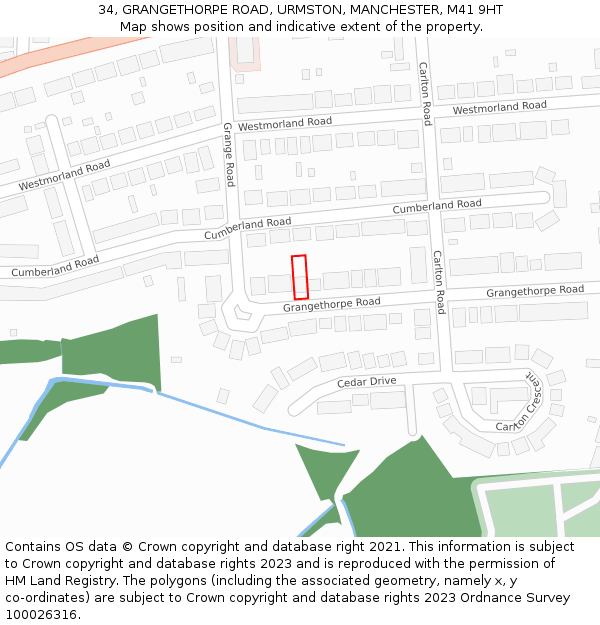 34, GRANGETHORPE ROAD, URMSTON, MANCHESTER, M41 9HT: Location map and indicative extent of plot