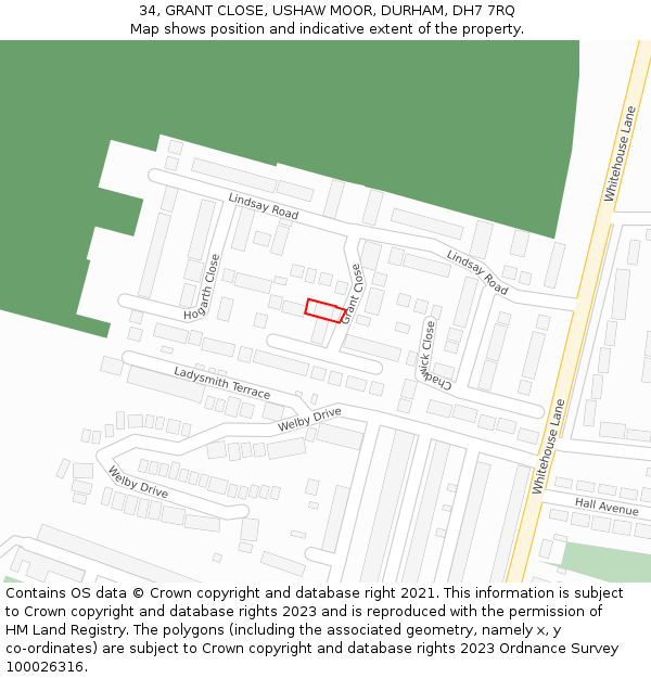 34, GRANT CLOSE, USHAW MOOR, DURHAM, DH7 7RQ: Location map and indicative extent of plot