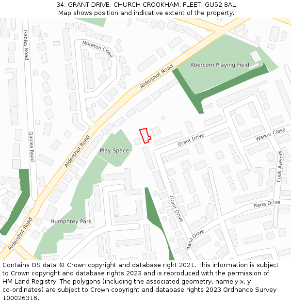 34, GRANT DRIVE, CHURCH CROOKHAM, FLEET, GU52 8AL: Location map and indicative extent of plot