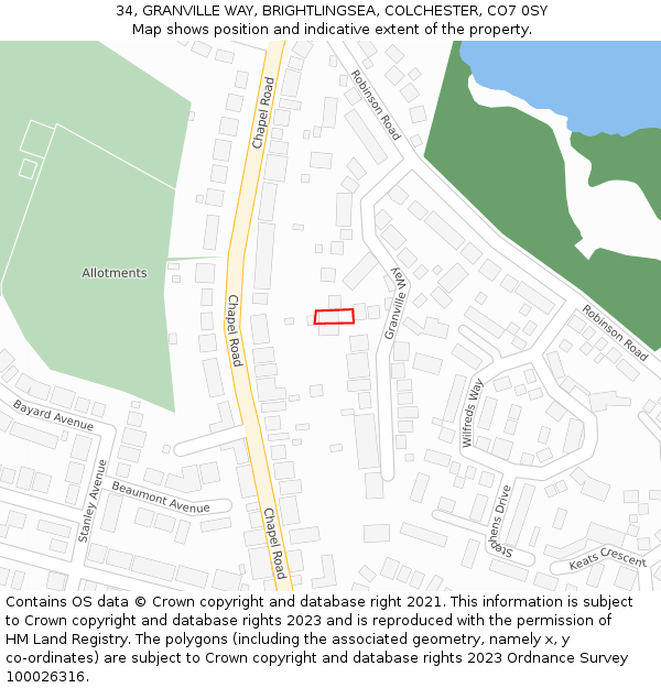 34, GRANVILLE WAY, BRIGHTLINGSEA, COLCHESTER, CO7 0SY: Location map and indicative extent of plot