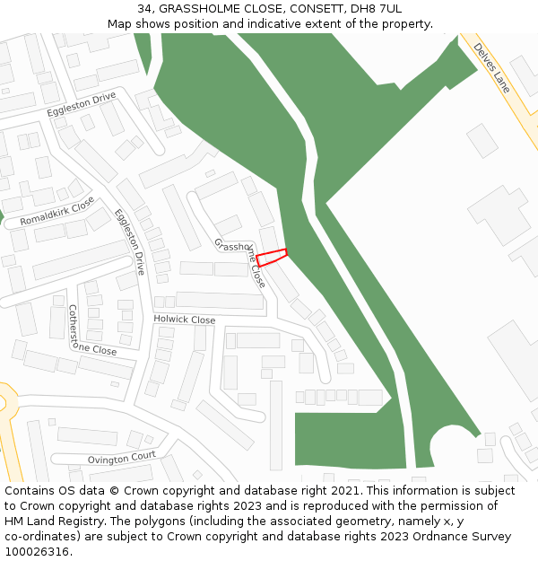 34, GRASSHOLME CLOSE, CONSETT, DH8 7UL: Location map and indicative extent of plot