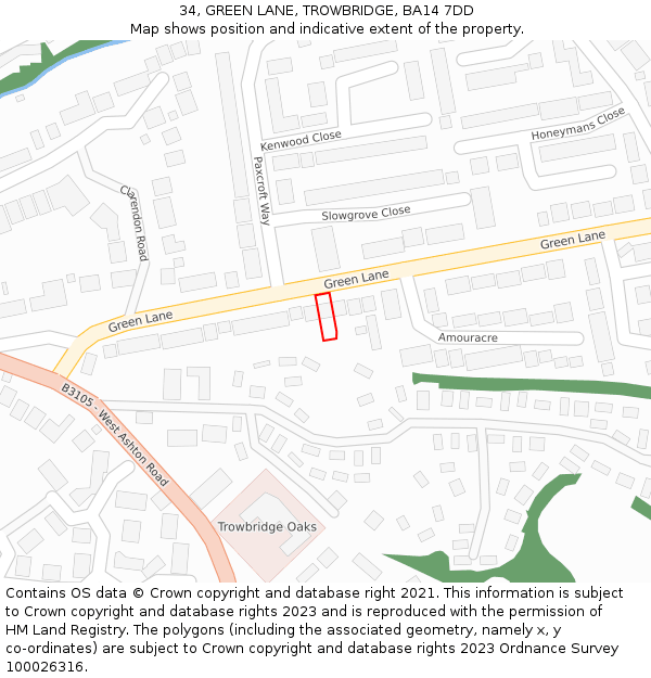 34, GREEN LANE, TROWBRIDGE, BA14 7DD: Location map and indicative extent of plot