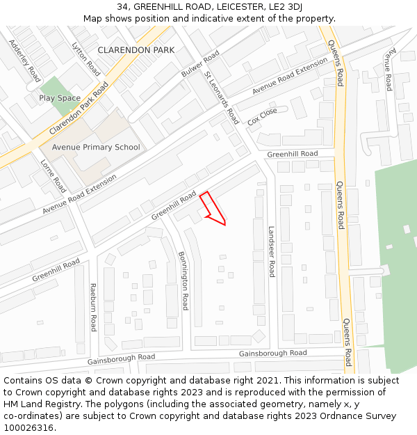 34, GREENHILL ROAD, LEICESTER, LE2 3DJ: Location map and indicative extent of plot