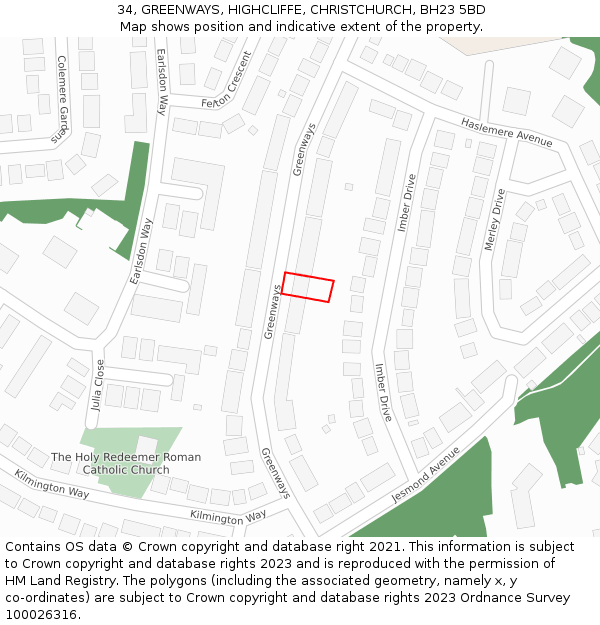 34, GREENWAYS, HIGHCLIFFE, CHRISTCHURCH, BH23 5BD: Location map and indicative extent of plot