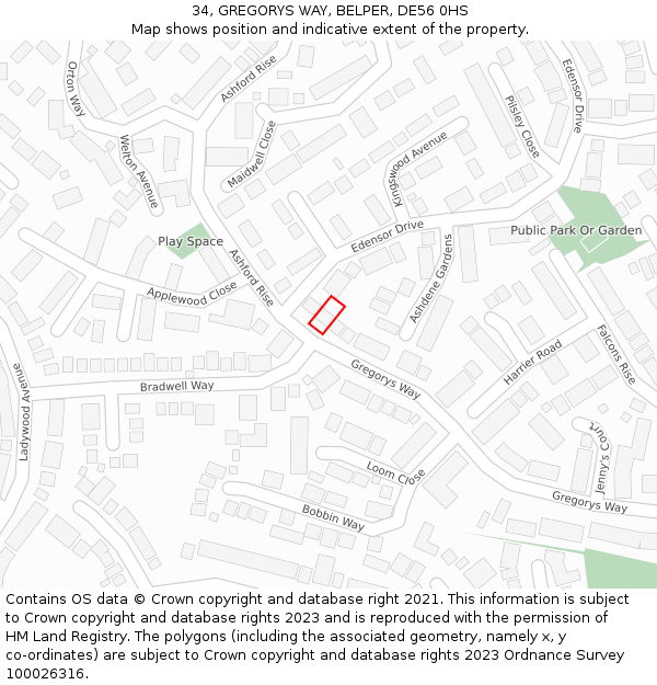 34, GREGORYS WAY, BELPER, DE56 0HS: Location map and indicative extent of plot