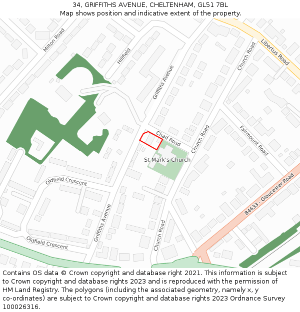 34, GRIFFITHS AVENUE, CHELTENHAM, GL51 7BL: Location map and indicative extent of plot