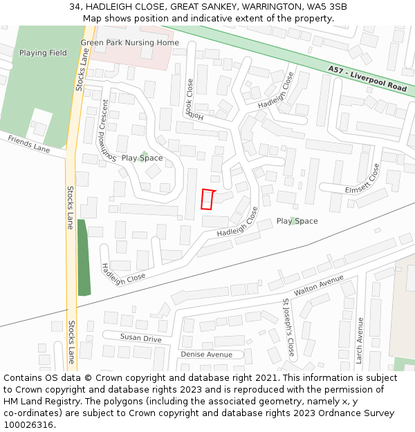 34, HADLEIGH CLOSE, GREAT SANKEY, WARRINGTON, WA5 3SB: Location map and indicative extent of plot