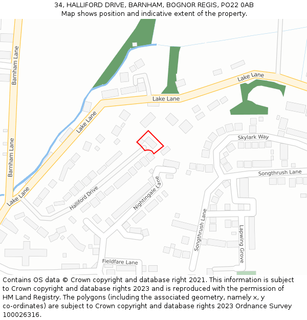 34, HALLIFORD DRIVE, BARNHAM, BOGNOR REGIS, PO22 0AB: Location map and indicative extent of plot