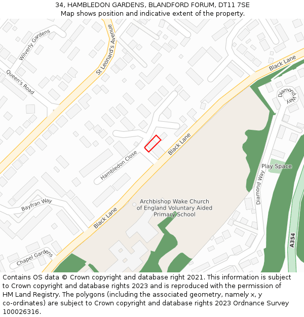 34, HAMBLEDON GARDENS, BLANDFORD FORUM, DT11 7SE: Location map and indicative extent of plot