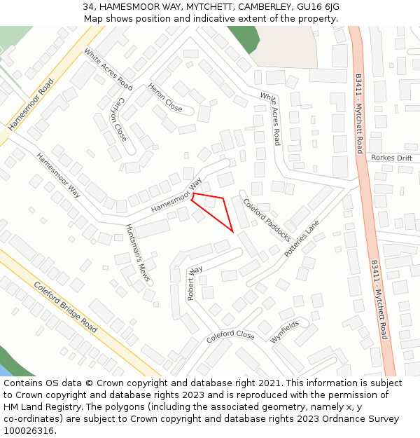 34, HAMESMOOR WAY, MYTCHETT, CAMBERLEY, GU16 6JG: Location map and indicative extent of plot