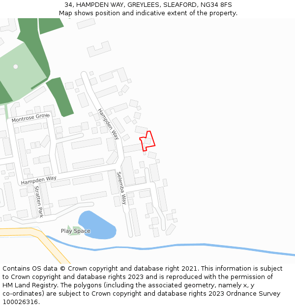 34, HAMPDEN WAY, GREYLEES, SLEAFORD, NG34 8FS: Location map and indicative extent of plot