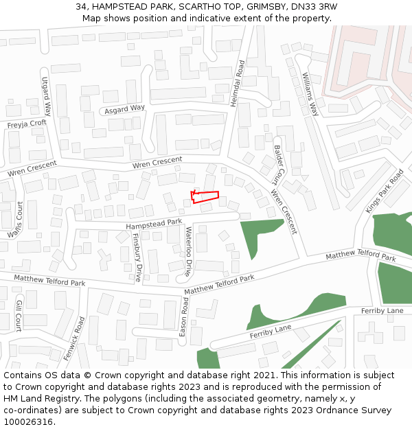 34, HAMPSTEAD PARK, SCARTHO TOP, GRIMSBY, DN33 3RW: Location map and indicative extent of plot