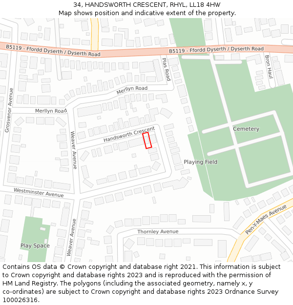 34, HANDSWORTH CRESCENT, RHYL, LL18 4HW: Location map and indicative extent of plot