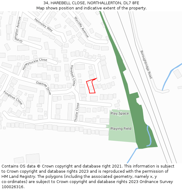 34, HAREBELL CLOSE, NORTHALLERTON, DL7 8FE: Location map and indicative extent of plot