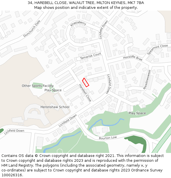 34, HAREBELL CLOSE, WALNUT TREE, MILTON KEYNES, MK7 7BA: Location map and indicative extent of plot