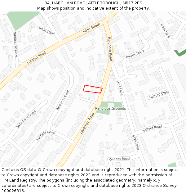 34, HARGHAM ROAD, ATTLEBOROUGH, NR17 2ES: Location map and indicative extent of plot