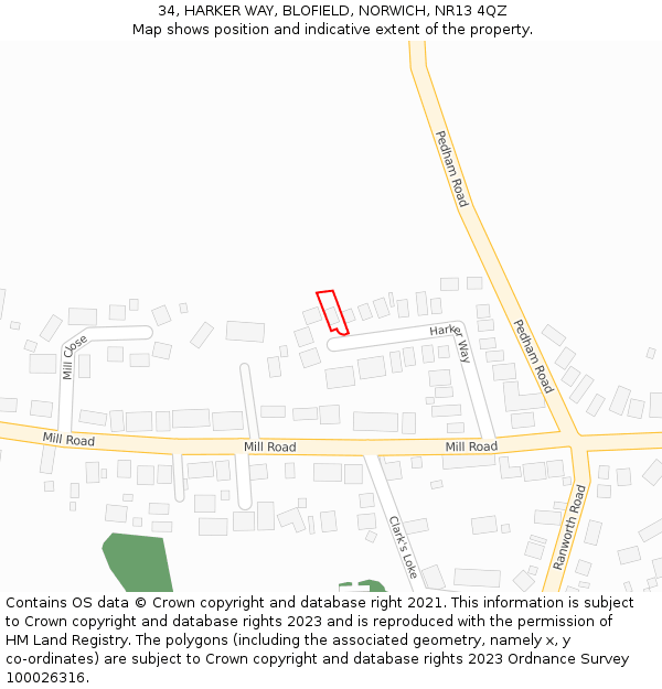 34, HARKER WAY, BLOFIELD, NORWICH, NR13 4QZ: Location map and indicative extent of plot