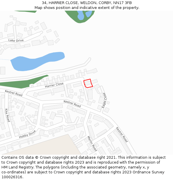 34, HARRIER CLOSE, WELDON, CORBY, NN17 3FB: Location map and indicative extent of plot