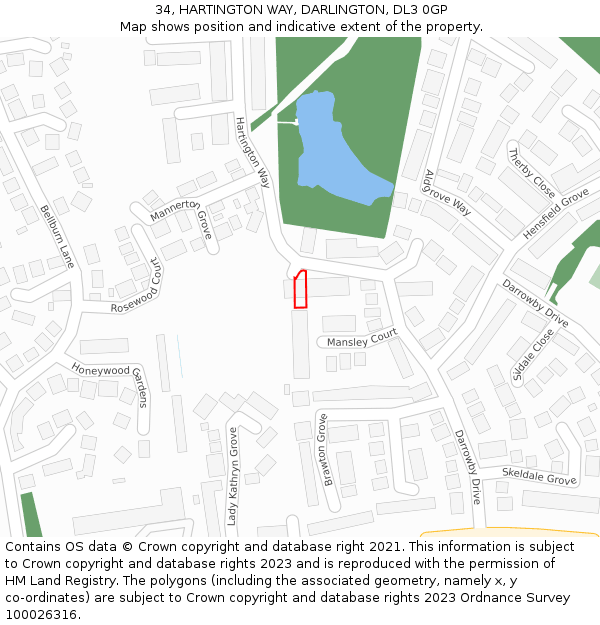 34, HARTINGTON WAY, DARLINGTON, DL3 0GP: Location map and indicative extent of plot